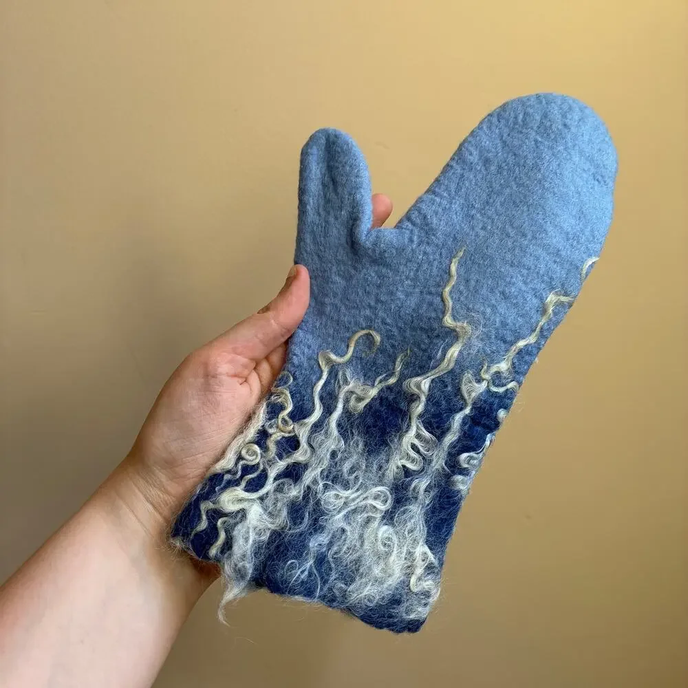 Handmade vintage felted gloves blue antique mittens one size vines berries